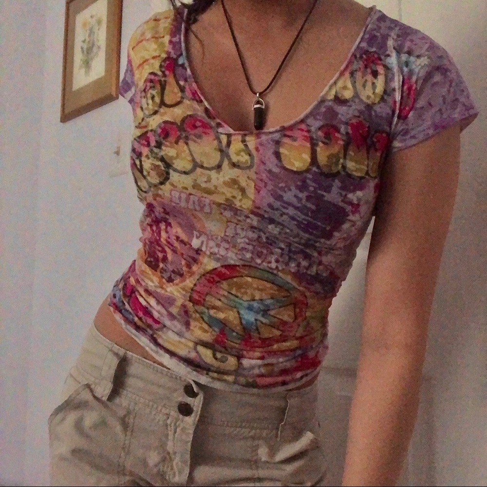 Peace sign graffiti tattoo y2k 80s indie hippie mesh top